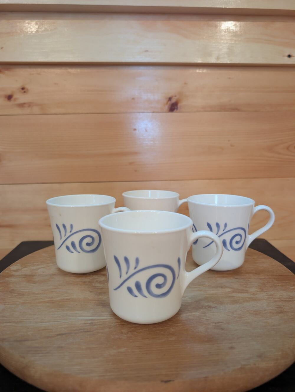 Vintage Corning Oceanview Milk Glass Coffee Mugs Blue Set of 4